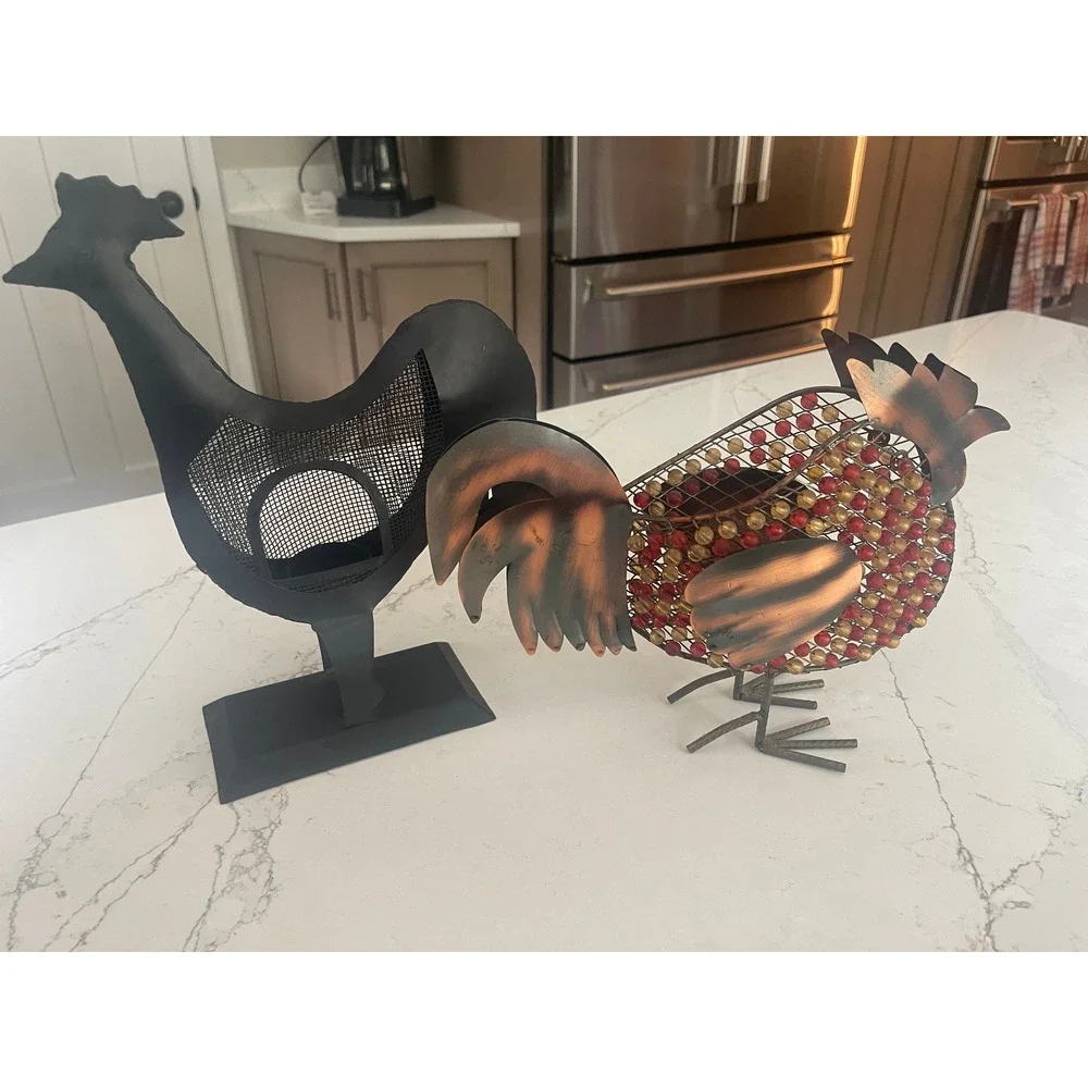 Pier 1 Metal Rooster Tea Light Holder and Beaded Wire Figurine Farmhouse Decor